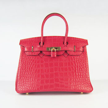 Hermes Birkin 30Cm Crocodile Stripe Handbags Red Gold